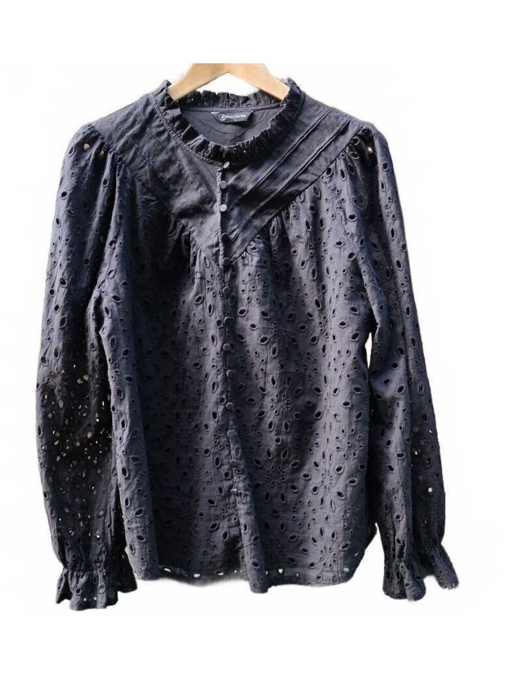 🎃👻 Women's 100% Cotton Eyelet Blouse Lined Ruffle Neck Black L